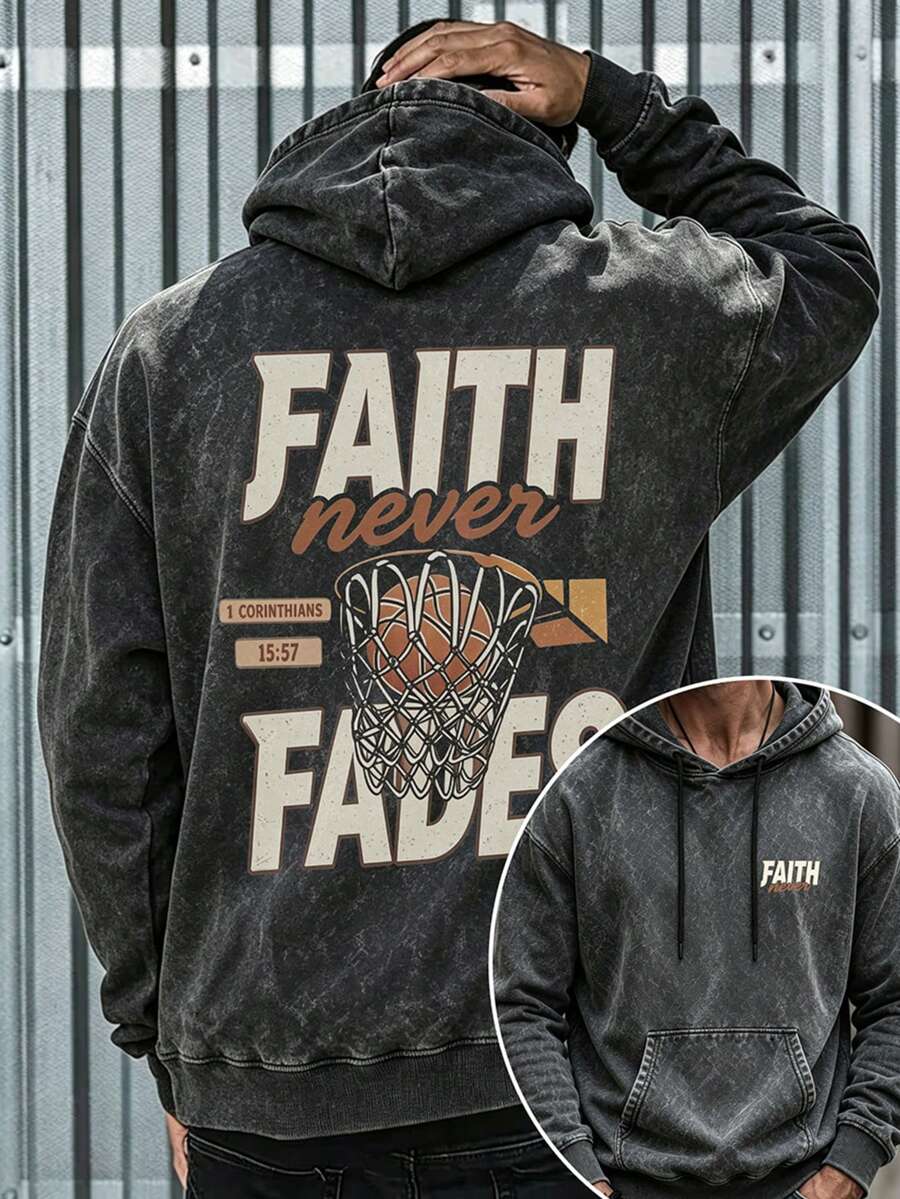 Striville Hoodie Sweatshirt Pria Bergaya Olahraga dengan Motif Basket yang Terlihat Usang dan Bekas Cuci - Hitam - View 1