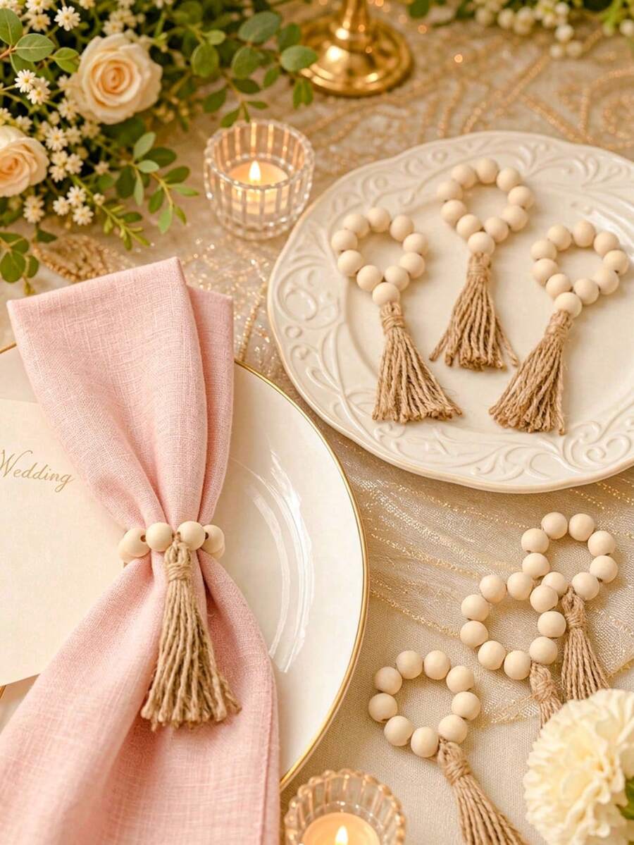 1/2/6/12 buah Cincin Serbet Manik-Manik Kayu Alami dengan Rumbai Rami, Cincin Serbet Manik-Manik Kayu Gaya Pedesaan, Cocok untuk Pernikahan, Pesta Lajang, Dekorasi Meja, Paskah, Thanksgiving, dan Pengaturan Meja Liburan Lainnya - Cokelat muda - View 1