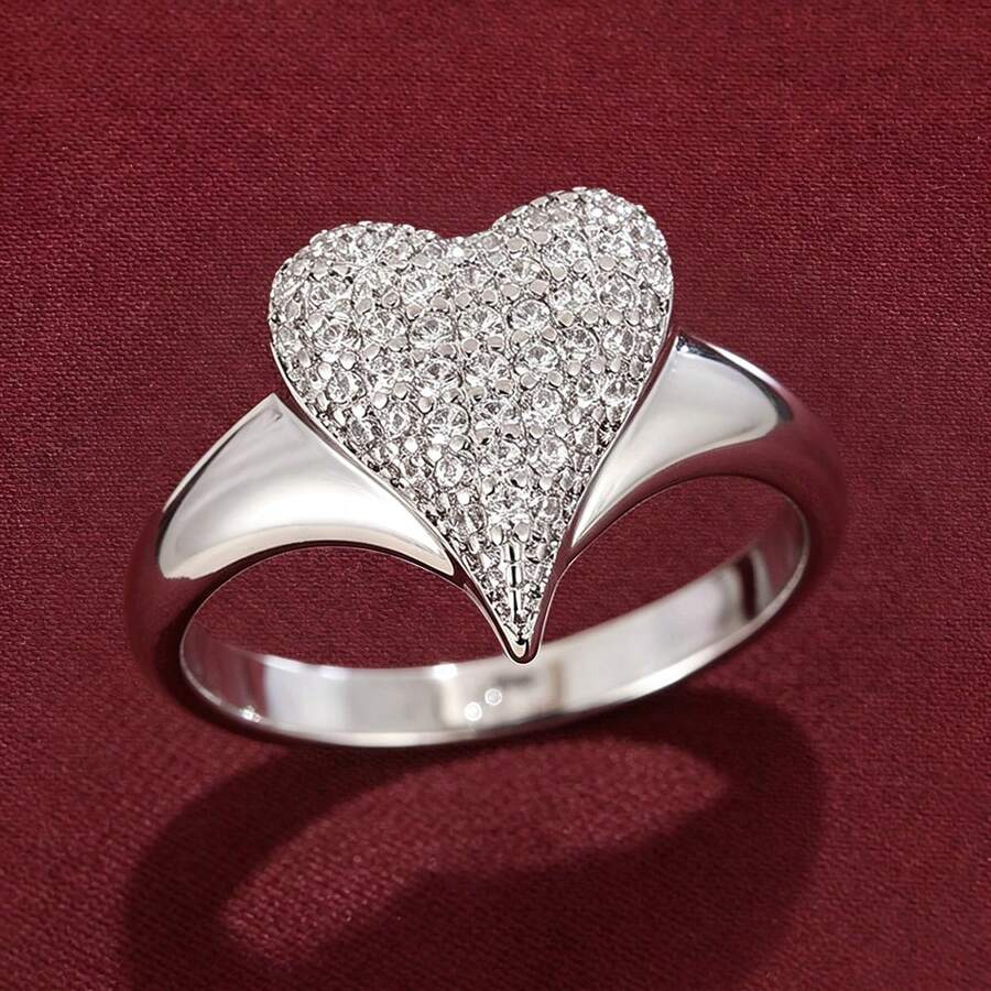 1pc Elegant Heart Shaped Design Cubic Zirconia Inlaid Women's Fashion Ring, Couple Gift - Multicolor - View 1