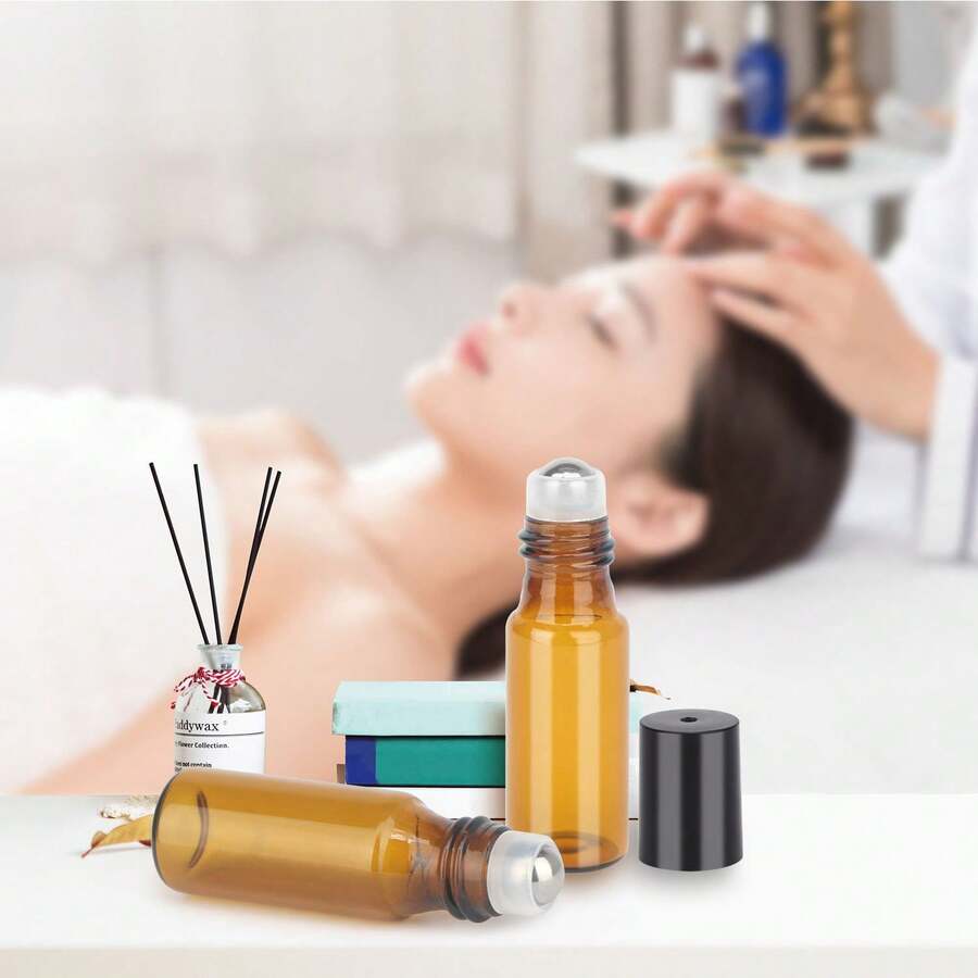 A Pack Of 10 Amber Glass Roller Bottles, Each 0.17oz, Designed For Essential Oil Samples With Stainless Steel Rollers And Black Caps, Perfect For Travel-Sized Perfumes And Cosmetics - Multicolor - View 1