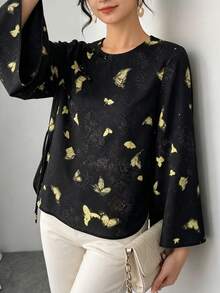 Spring/Autumn Women's Chinese Style Top, Black Cheongsam Round Neck Short Blouse, Frog Button Dark Pattern Butterfly Print Asymmetric Collar Long Flared Sleeve Elegant Tang Suit Shirt Hanfu Jacket - Black - View 7