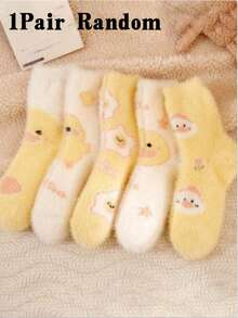 1/2/3 Pairs Random Color Women's Cute Cartoon Duck Pattern Fluffy Plush Warm Casual Home Mid-Calf Socks - Multicolor - View 6