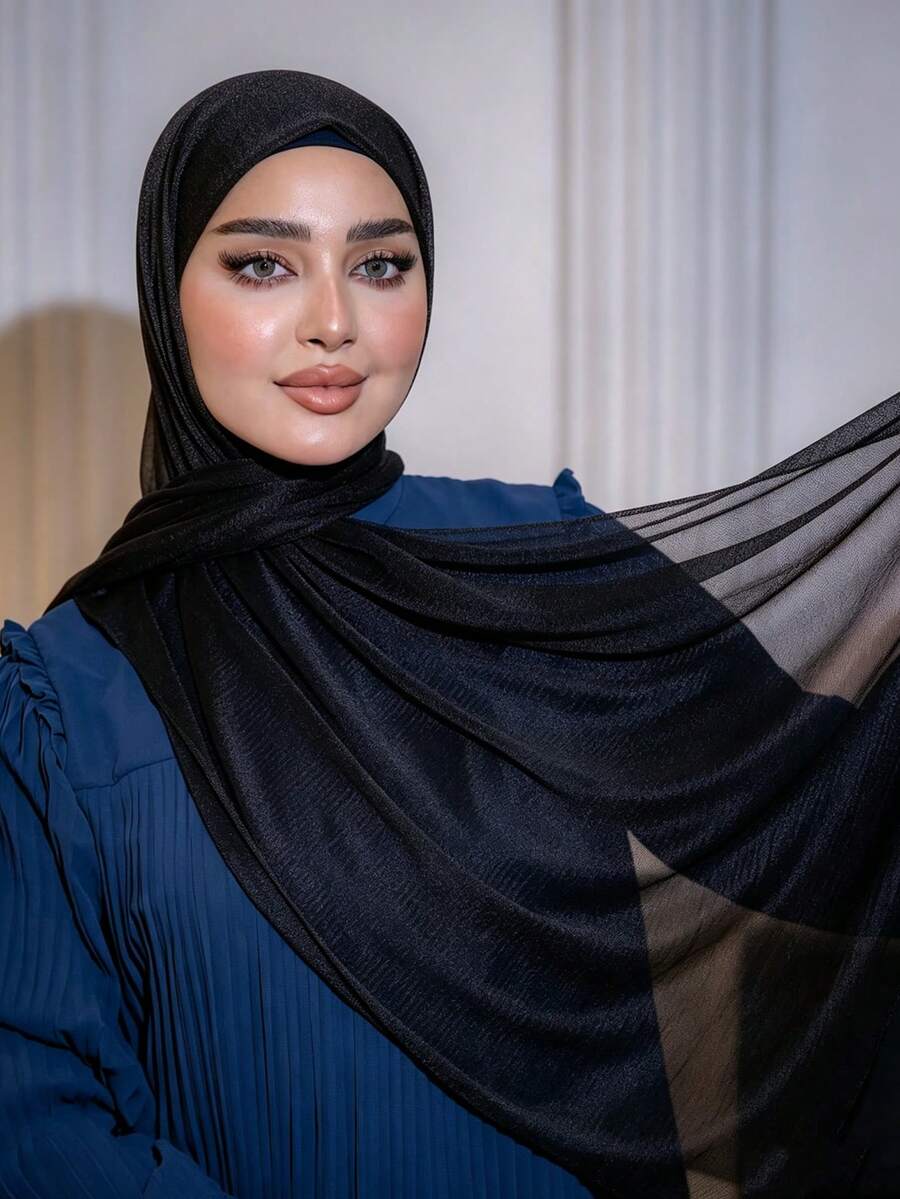 1pc Spring/Summer Casual Versatile Modest Minimalist Solid Color Soft Breathable Lightweight Muslim Hijab Scarf - MSL540 Black - View 1