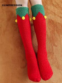 CLIMPRESSION Christmas Elf Knee-High Socks, Plush Coral Fleece Warm Slippers Socks With Pom Poms, Holiday Cosplay Indoor Floor Socks - Red - View 6