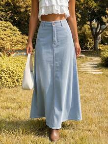 Women's Vintage Blue Striped Denim Maxi Skirt, Casual Straight Fit, Button Detail Design, Non-Stretch Fabric, Suitable For Daily Wear - Light Wash - View 5
