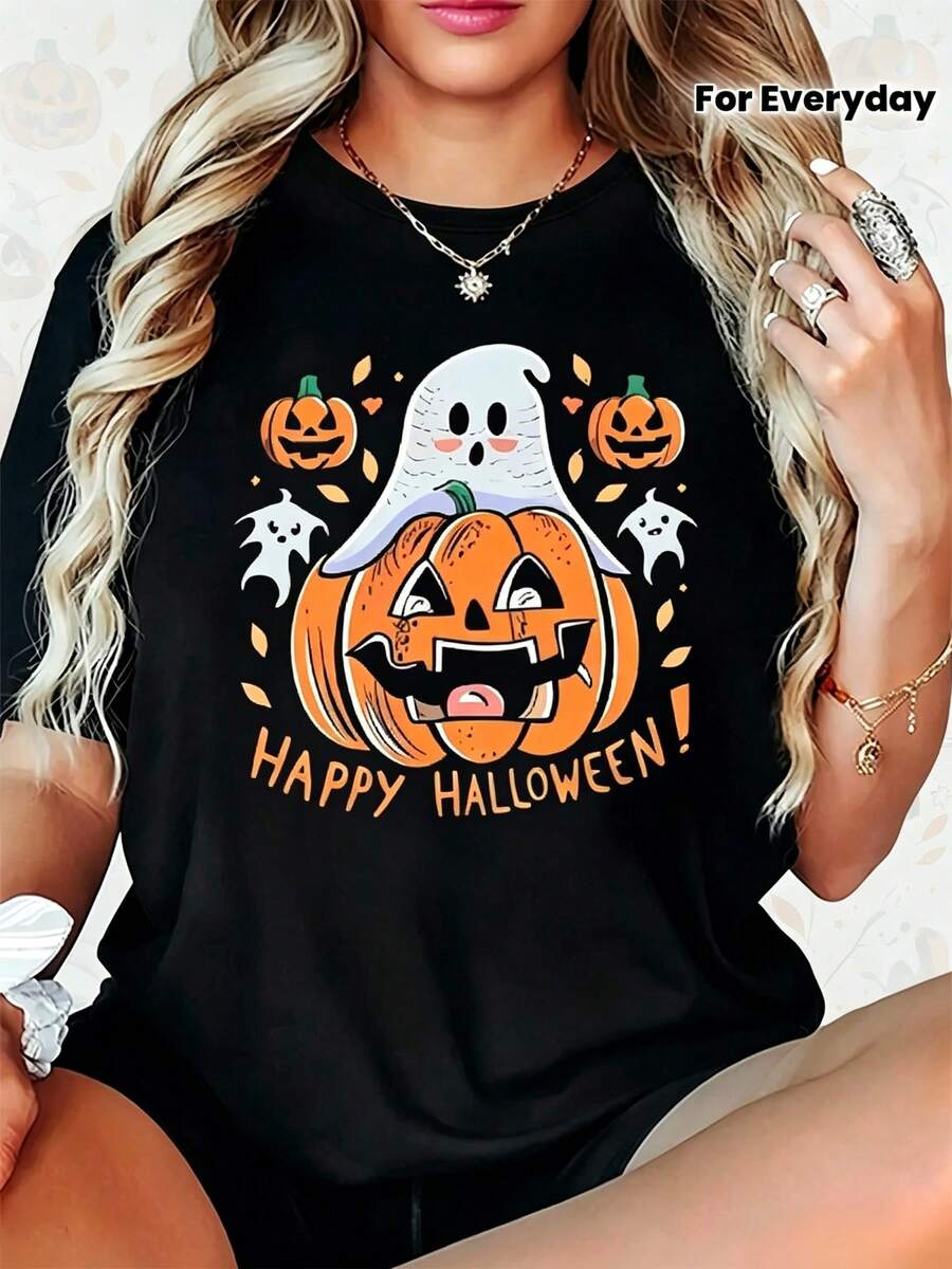 Wo Halloween Pumpkin & Ghosts Print T-Shirt - With Orange & Spooky Design, Short Sleeve Halloween Costume Women Jacket Women Autumn Clothing Women New - Black - View 1