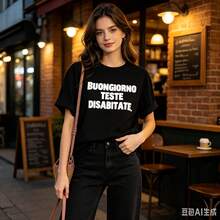 Women's Summer Short Sleeve T Shirt,Loose Fit, Large Size T Shirt,Cotton Knitted Fabric,Fashionable Street Style - Black - View 1