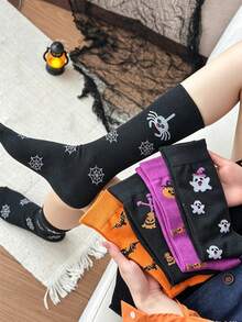 Random 3 Pairs Halloween Crew Socks For Women, Cute Ghost Pumpkin Bat Spider Web Candy Printed Mid‑Calf Socks, Fall Halloween Festival Casual Socks - Multicolor - View 5