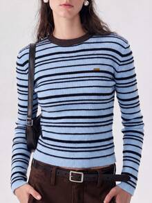 Women's New Autumn/Winter American Vintage Style Striped Crew Neck Pullover Knit Sweater - Blue - View 3