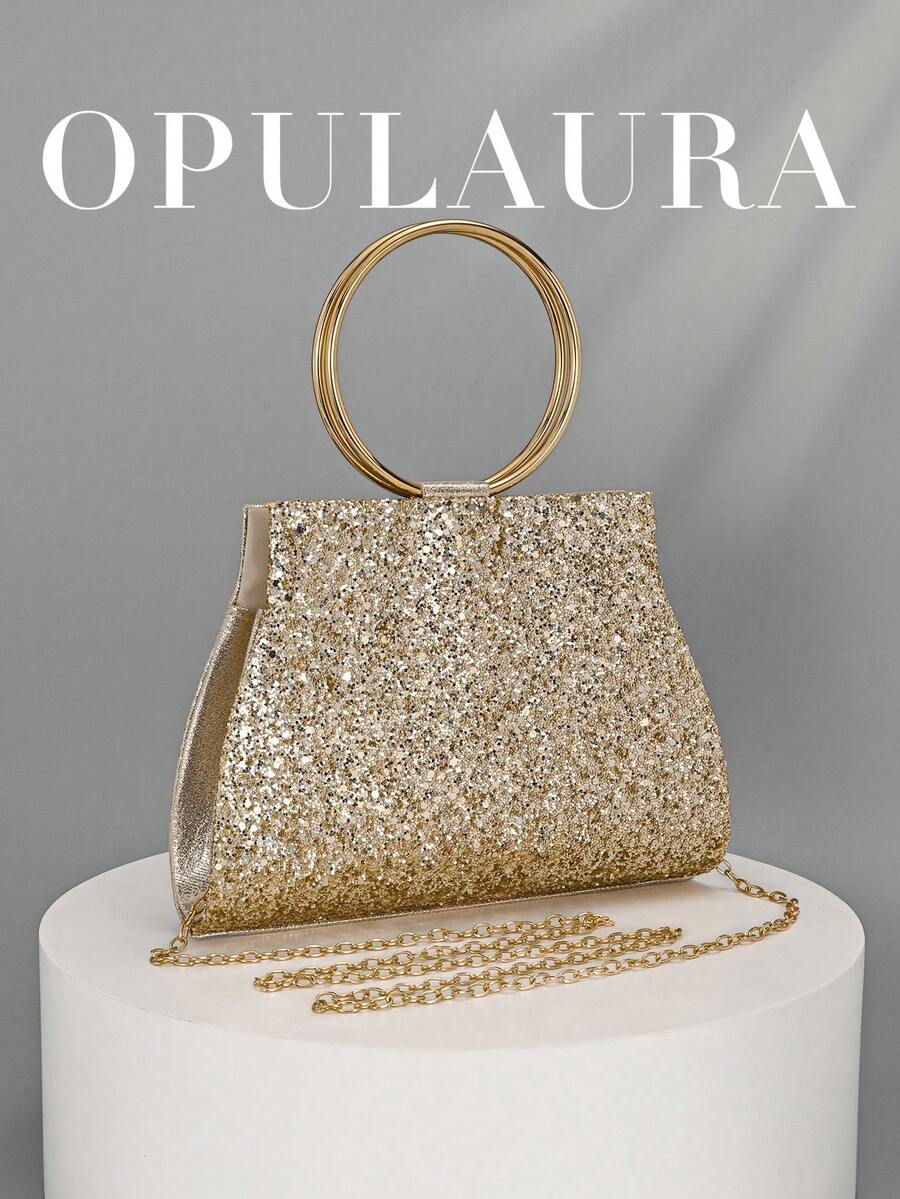 OpulAura 女士时尚闪亮水晶钻晚装手拿包,闪亮奢华斑马纹礼服手提包,适合晚会、派对、生日、婚礼作为新娘手拿包 - 金色 - 查看 1