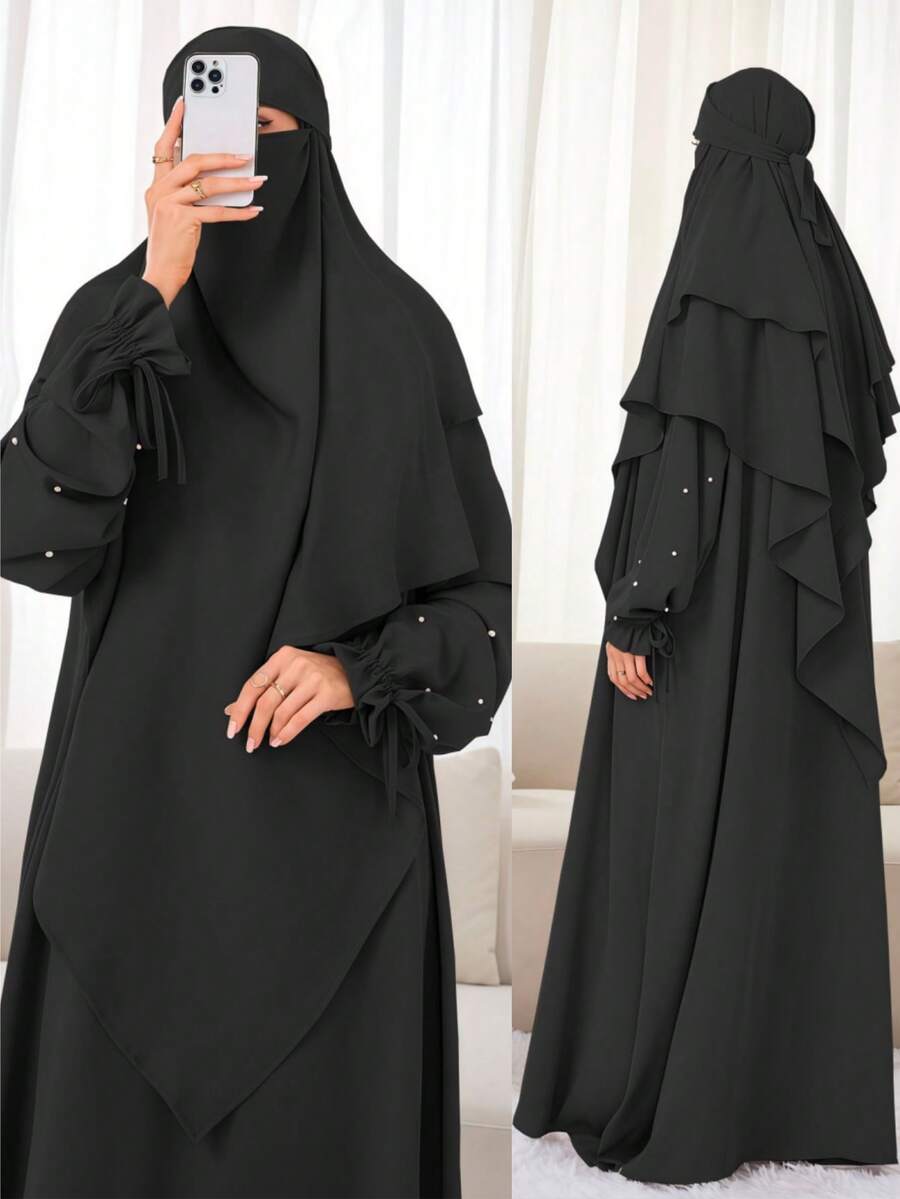 2pcs Soft Loose Muslim Headscarf With Matching Cuff Beaded Drawstring Design Dress, Abaya For Daily Wear And Prayer, Luxury Style (Headscarf + Dress) - Multicolor - View 1
