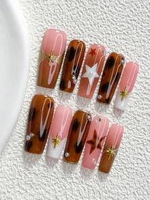 10片裝 Mailard 風格手工穿戴甲，Polygel 美甲套組，星爆五角星棕色與白色美甲，韓系風格，附美甲工具，3種尺寸可選，杏仁甲、鴨嘴甲、棺材甲，適合派對、舞蹈、日常穿戴 - 彩色 - 查看 19