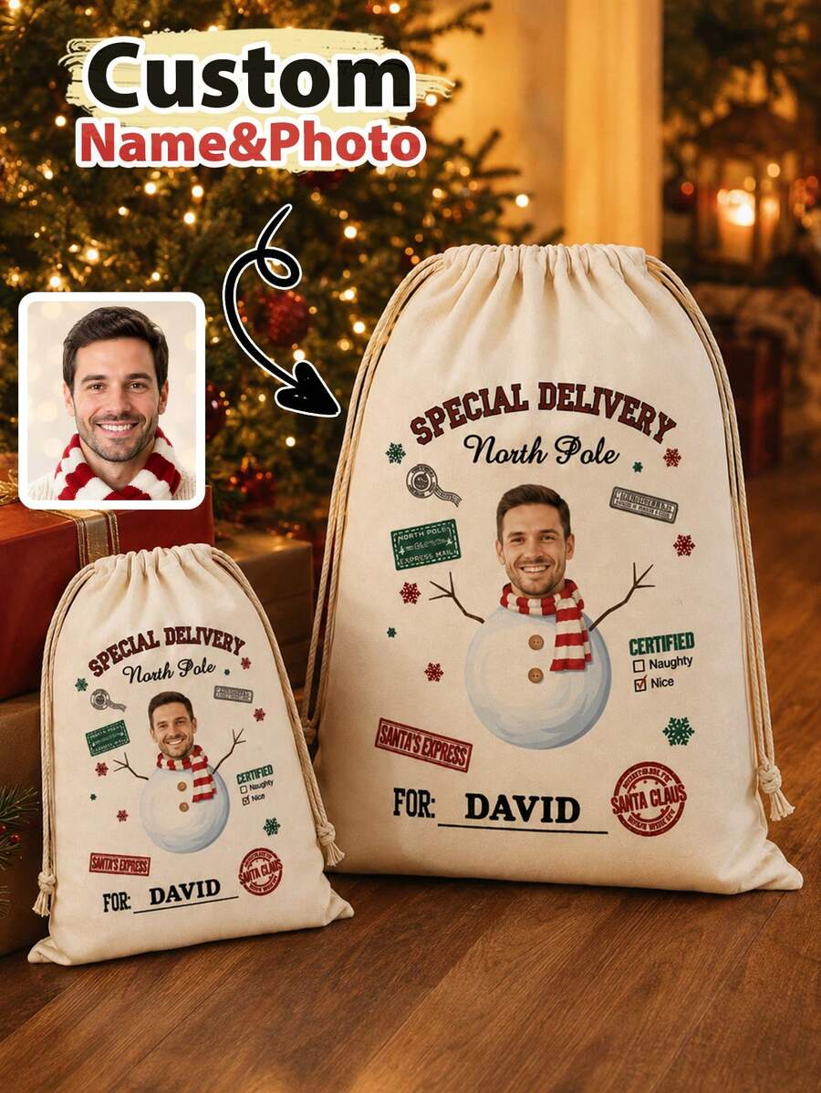 Custom Photo Christmas Drawstring Bag, Personalized Name Gift Bag, Holiday Snowman Style, Customizable Holiday Storage Bag, Customizable Christmas Gift - Apricot - View 1