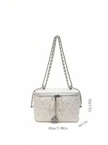 Dedoo Fashionable Diagonal Shoulder Chain Bag, Structured Square Box Bag, Rhinestone Embellished Shiny Quilted Bag For Women - White - View 4