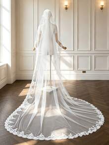 Cathedral Wedding Bridal Veil, 1 Layer, 3m Long Soft Tulle With Lace And Floral Trim, Vintage Style, For Bridal Veil. - White - View 8
