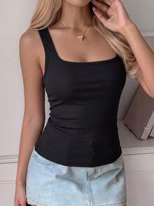 Women's Solid Color 3-Strap Hollow I-Back Tank Top, Black Ribbed Slim Fit Waist-Cinching Camisole, Backless Innerwear, Outerwear, Casual, Sports - Black - View 4