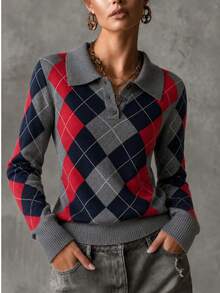 Women's New Autumn Fashion Casual Y2K College Style Streetwear Colorblock Polo Shirt Gray Dual-Color Argyle Pattern Button Design - Grey - View 7