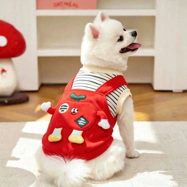 Cute 3D Red Apple Plush Doll Dog & Cat Clothes, Autumn/Winter New Warm 2 In 1 Outfit For Bichon, Small To Medium Dogs And Cats