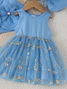 2pcs Baby Girl Cute Mori Style 3D Flower Short Jacket & Dress Set With Beret Hat, Elegant Princess Style - Blue - View 6