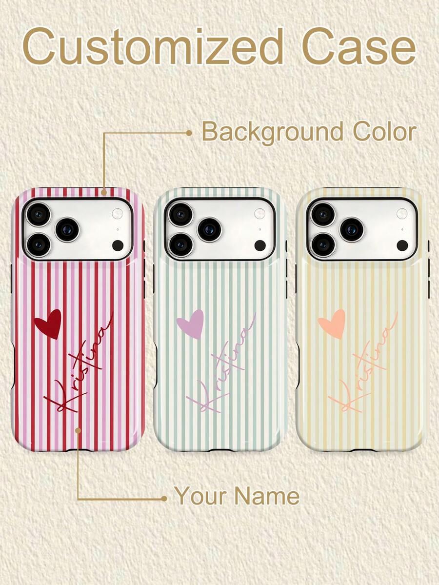 1pc Customized Minimalist Striped Letter Name Color Phone Case, 2-In-1 Glossy Film Full Coverage Hard Shell Protective Cover Compatible With Iphone 11/12/13/14/15/16/17 Pro Max - Multicolor - View 1