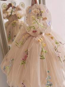 女童刺繡花瓣袖鏤空露背網紗公主裙，適合女孩生日派對、花童婚禮禮服、派對洋裝 - 金色 - 查看 11
