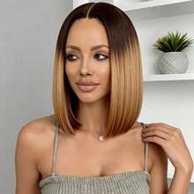 Women's 12-Inch Gradient Brown Middle Part Wig, High-Temperature Synthetic, Fashionable Elegant Versatile Design, Suitable For Daily Wear Or Carnival Events, Soft Hair Texture With Natural Styling, Adjustable Cap Band For Comfortable And Secure Fit - Brown Ombre - View 6