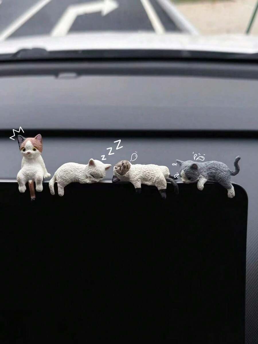 4pcs Resin Sleeping Cat Car Center Console Screen Small Ornaments, Suitable For Car Center Console Display Decoration Ornaments, Car Rearview Mirror Ornaments