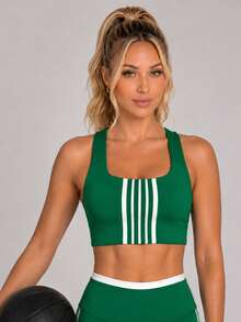 Sodalemon Women's Colorblock Striped Hollow-Out Racerback Sports Bra, Wide Strap Fitness Bra, Suitable For Yoga, Gym And Daily Fitness - Green - View 7