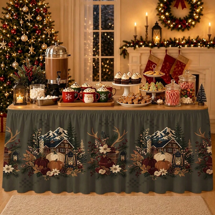 Panoramic Meadow Mountain Autumn Cottage Table Skirt, Autumn Harvest Home Decor, For Dining Table, Party, Banquet And Family Gathering Seasonal Autumn Pattern, Thanksgiving Party Table Cover Autumn Home Decor Table Skirt - Multicolor - View 1