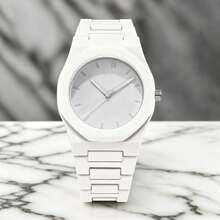 1pc Men's Octagonal Minimalist Quartz Watch, Pure White Minimalist Dial, Integrated All-White Strap, Large Size Business Casual Daily Wear Watch, Unisex Gift - White - View 4