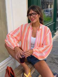 GMFP Women's Multi-Color Vertical Striped Stand Collar Short Zip-Up Jacket, Contrast Color Design Casual Vacation Style Top - Orange - View 4