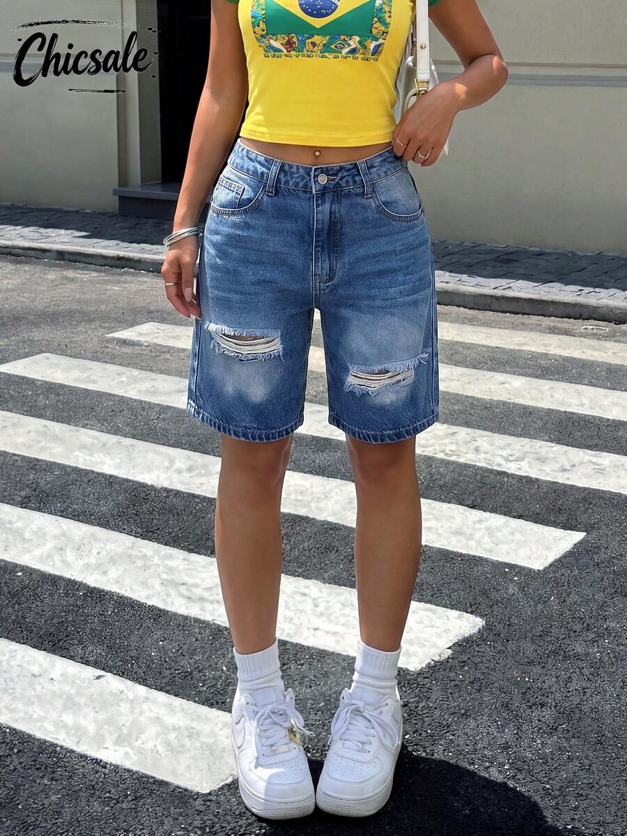 Women's Solid Color Bermuda Distressed Denim Shorts Casual Summer - Medium Wash - View 1