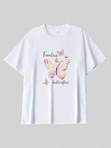 1pc Women's T-Shirt, Pink Butterfly Floral Art Print, White Round Neck Short Sleeve Pullover Versatile Top - Holiday Gift - White - View 2
