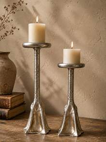1pc Hammered Texture Pillar Candle Holder, Vintage Distressed Silver Flared Base Tall Candle Stands, Rustic Wabi-Sabi Decorative Candlestick For Dining Table Centerpiece Fireplace Mantel Home Decor - Silver Hill - View 2