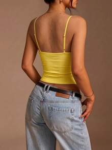 Spring/Summer Sexy Minimalist Y2K Solid Color Spaghetti Strap High Elastic Slim Fit Daily Sports Date Party Women's Tank Top - Yellow - View 5