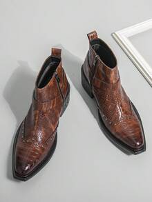Men's Brown Crocodile Embossed Western Pointed Toe Rivet Side Zipper Chelsea Boots Vintage Workwear High-Top Boots - Brown - View 7