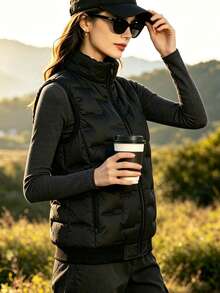 Women's Stand Collar Zipper Warm Lining Vest, Lightweight Quilted Sleeveless Jacket, Suitable For Autumn/Winter Sports, Black - Black - View 1