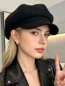1件女款可穿戴八角帽簡約貝雷帽，適合日常穿著，冬秋保暖，秋冬新聞童帽 - 羊毛呢 - 查看 5