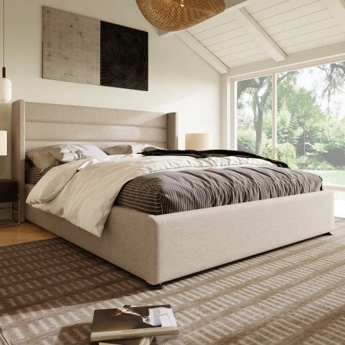 Storage Bed Upholstered Bed Hydraulic Double Bed 160x200cm, Wooden Slatted Base, Bed With Slatted Base And Metal Frame, Linen, Beige - Beige + Linen - View 1