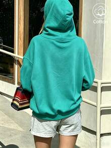 Women's Loose Fit Thin Drawstring Hooded Sweatshirt, Suitable For Spring And Autumn Casual Daily Wear - Teal 2 - View 2