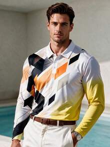 Men's Geometric Print Long Sleeve Polo Shirt - Multicolor - View 1