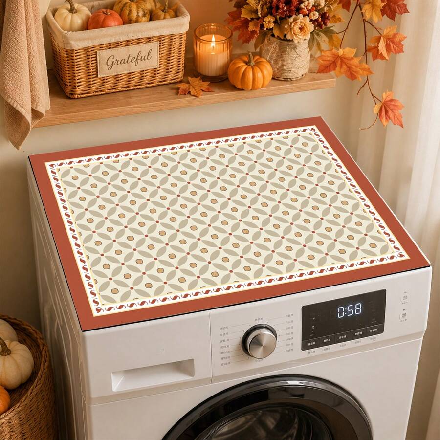 Luckybutterfly 1PC Vintage Geometric Border Washing Machine Top Mat, Non‑Slip Waterproof Washer Dryer Counter Protector Drain Pad, Farmhouse Laundry Room Decor - Multicolor - View 1