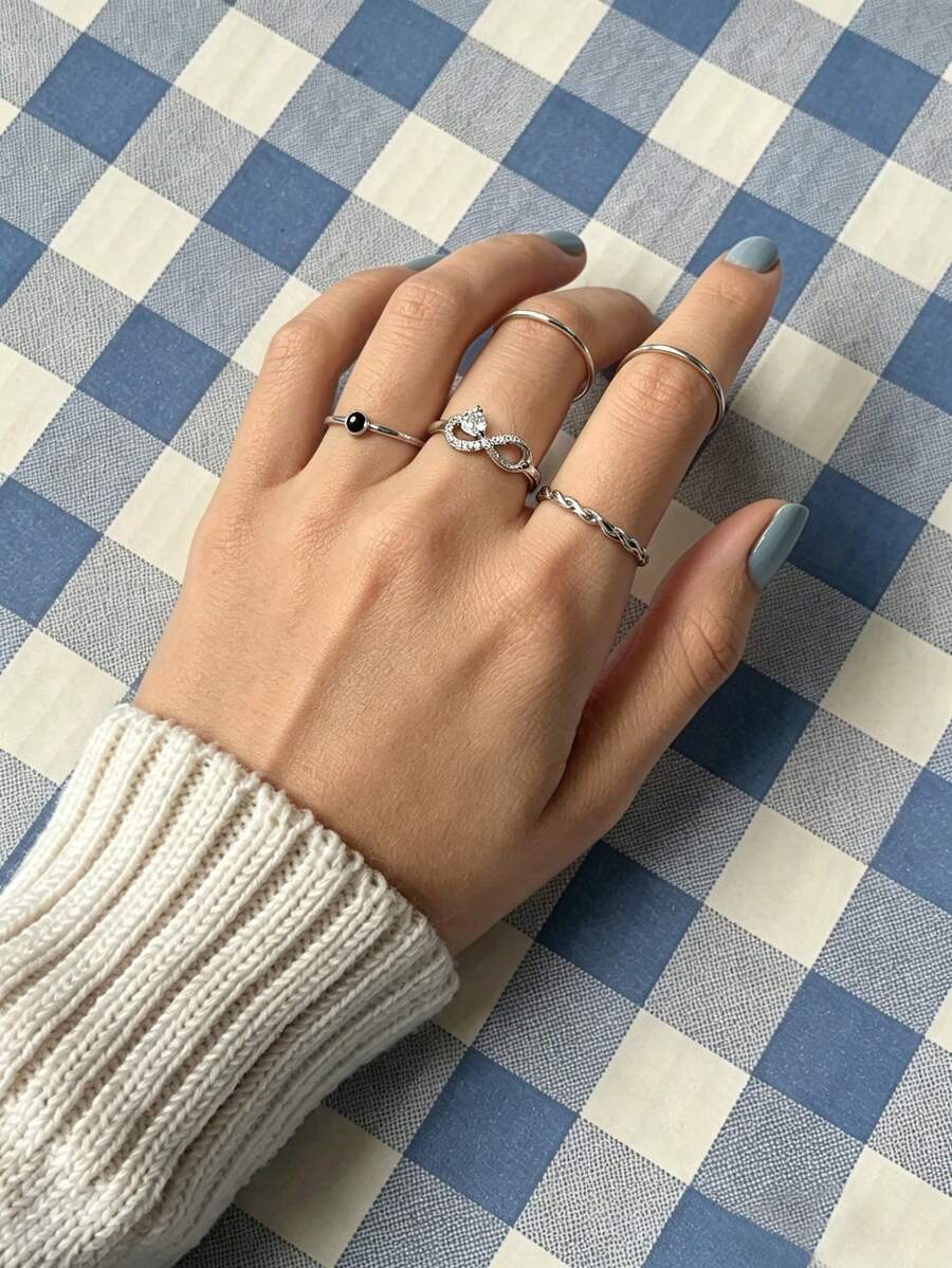 5pcs Cubic Zirconia Inlaid Infinity Symbol Ring Set, Suitable For Women's Dating, Party, Layering, Holiday Gift - Silver - View 1
