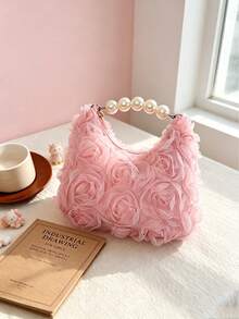 Sweet Floral Lace Hobo Bag, Faux Pearl Beaded Handle Mini Clutch, Cute Sweet Evening Party Handbag - Multicolor - View 9