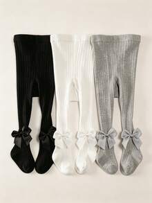 3 par enfärgade, ribbade, mjuka och stretchiga söta leggings för bebis och småbarn med rosettdetaljer – perfekta för vardaglig lager-på-lager - Multifärgad - Visa 12