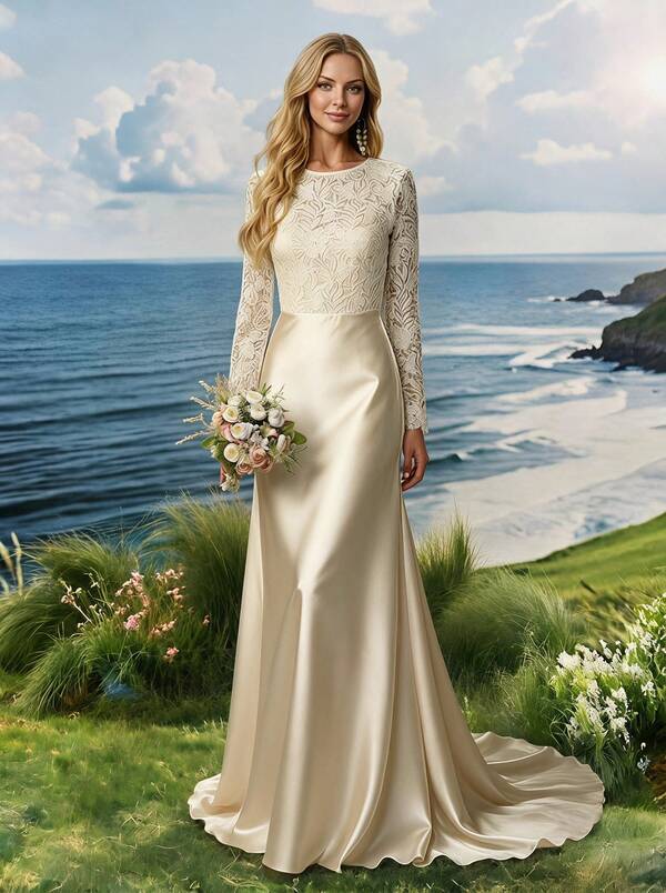 Floral Lace Dress - Long Sleeve, Round Neck, Satin Flowing Gown Fall Wedding