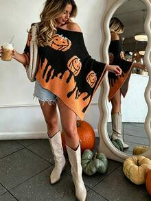 Plus Size Casual Fashion Halloween Pumpkin Asymmetric Design Knit Shawl Sweater Black - Black - View 1