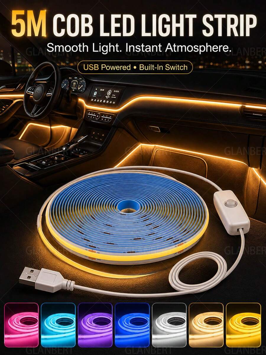 GLANBERT 5M COB LED Strip Light, Plug And Play, 5V Low Voltage, Car Decorative Light Strip, Holiday Decoration