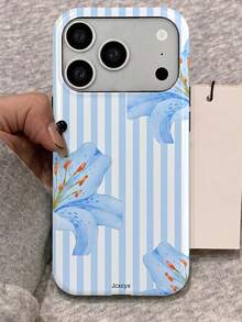 可愛春季花卉蝴蝶結貝殼圖案手機殼，適用於 iPhone 17 Pro Max 16 15 14 13 12 11 Pro Max，可愛花朵防震軟殼後蓋 - 藍百合條紋 - 查看 2