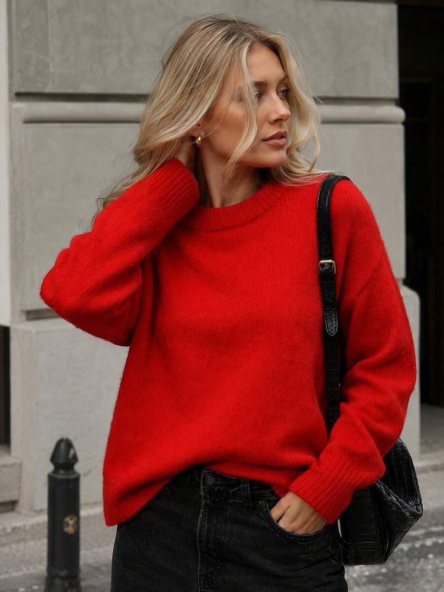 Women's French Vintage Red Round Neck Sweater, Loose Drop Shoulder Slouchy Ribbed Long Sleeve Knit Top, Autumn/Winter - Red - View 1